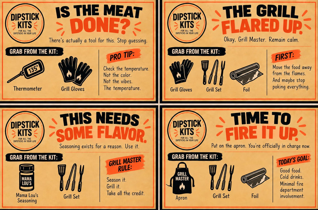 Grill Master instruction cards with apron, grill tools, foil, gloves, seasoning and thermometer