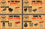 Grill Master instruction cards with apron, grill tools, foil, gloves, seasoning and thermometer