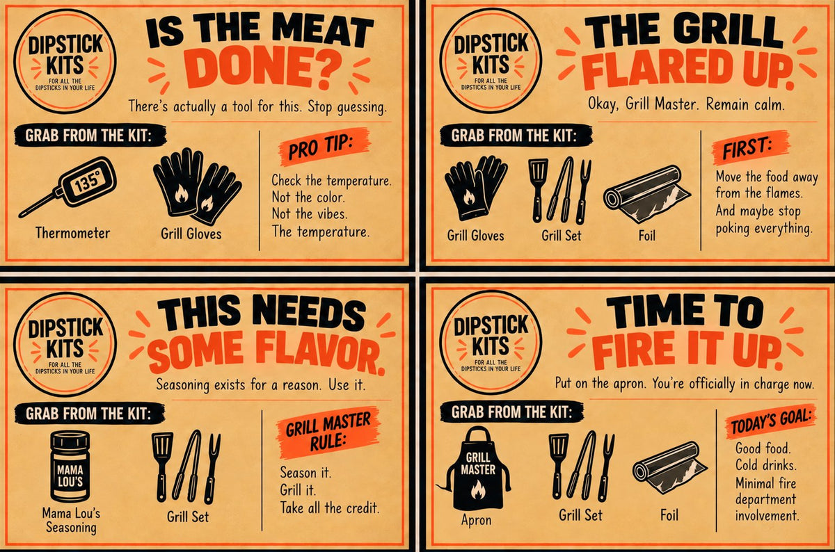 Grill Master instruction cards with apron, grill tools, foil, gloves, seasoning and thermometer